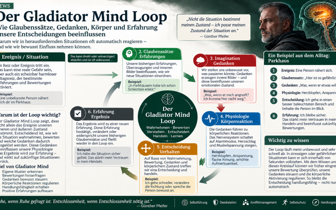 Infografik zum Gladiator Mind Loop mit den 6 Schritten Ereignis, Glaubenssätze, Gedanken, Physiologie, Entscheidung und Erfahrung am Praxisbeispiel Parkhaus.“