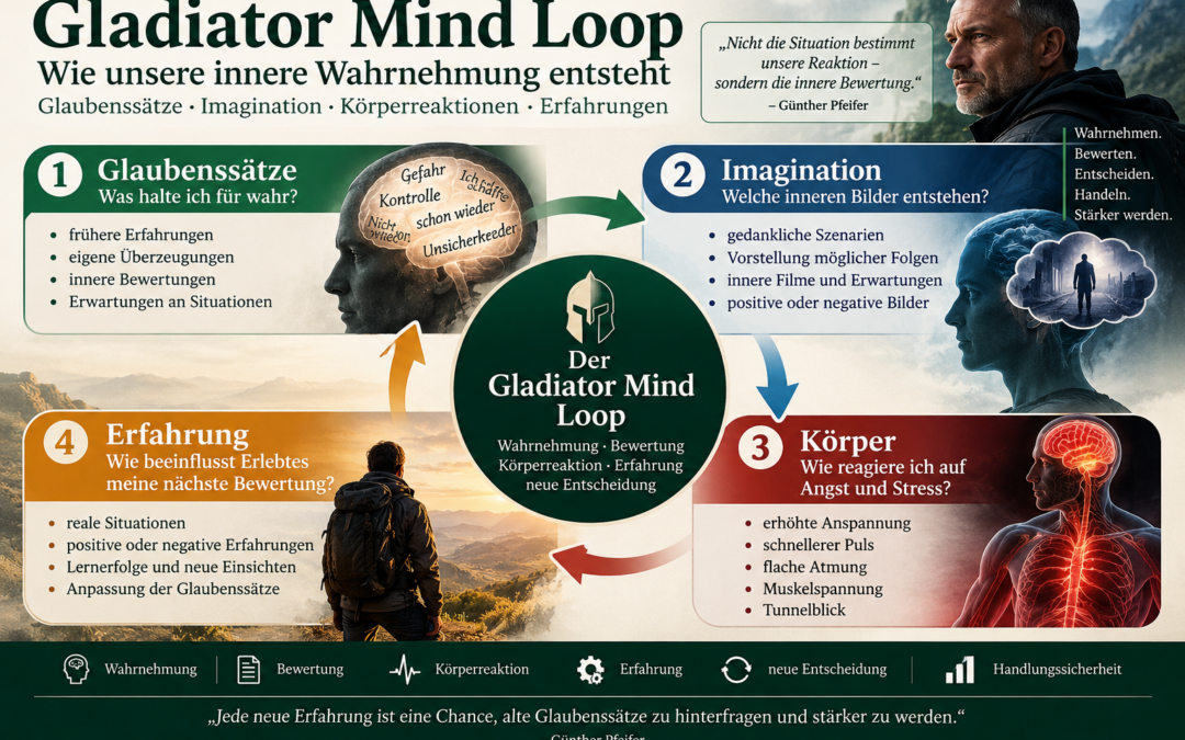 Infografik zum Gladiator Mind Loop mit den vier Bestandteilen Glaubenssätze, Imagination, Körperreaktionen und Erfahrung.